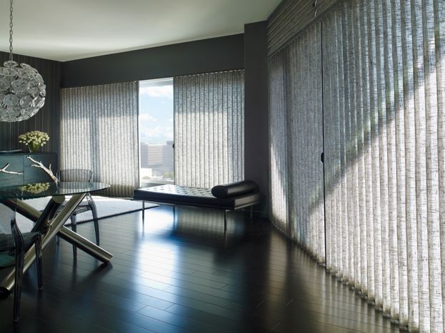 Window treatments for sliding doors: Vignette® shades with Vertiglide™